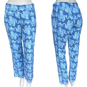 Lilly Pulitzer Florita 100% Linen Blue Elephant Print Mid Rise Pants Size XS